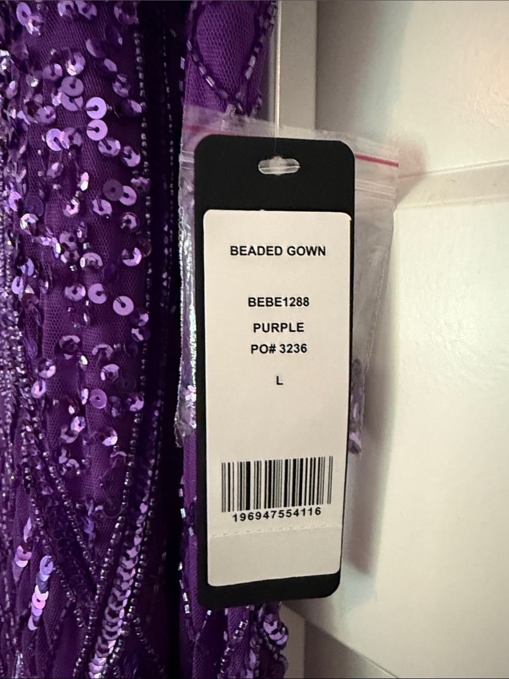 bebe Purple Beaded Spaghetti Strap Prom Gown - Picture 7 of 11